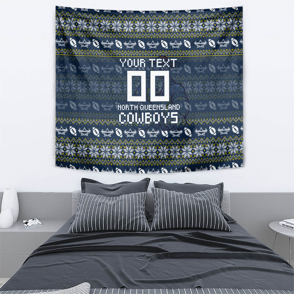 Personalized Cowboys Christmas Tapestry Australian Rugby Fans - Pixelated Ugly Xmas Pattern Mascot Santa