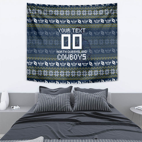 Personalized Cowboys Christmas Tapestry Australian Rugby Fans - Pixelated Ugly Xmas Pattern Mascot Santa