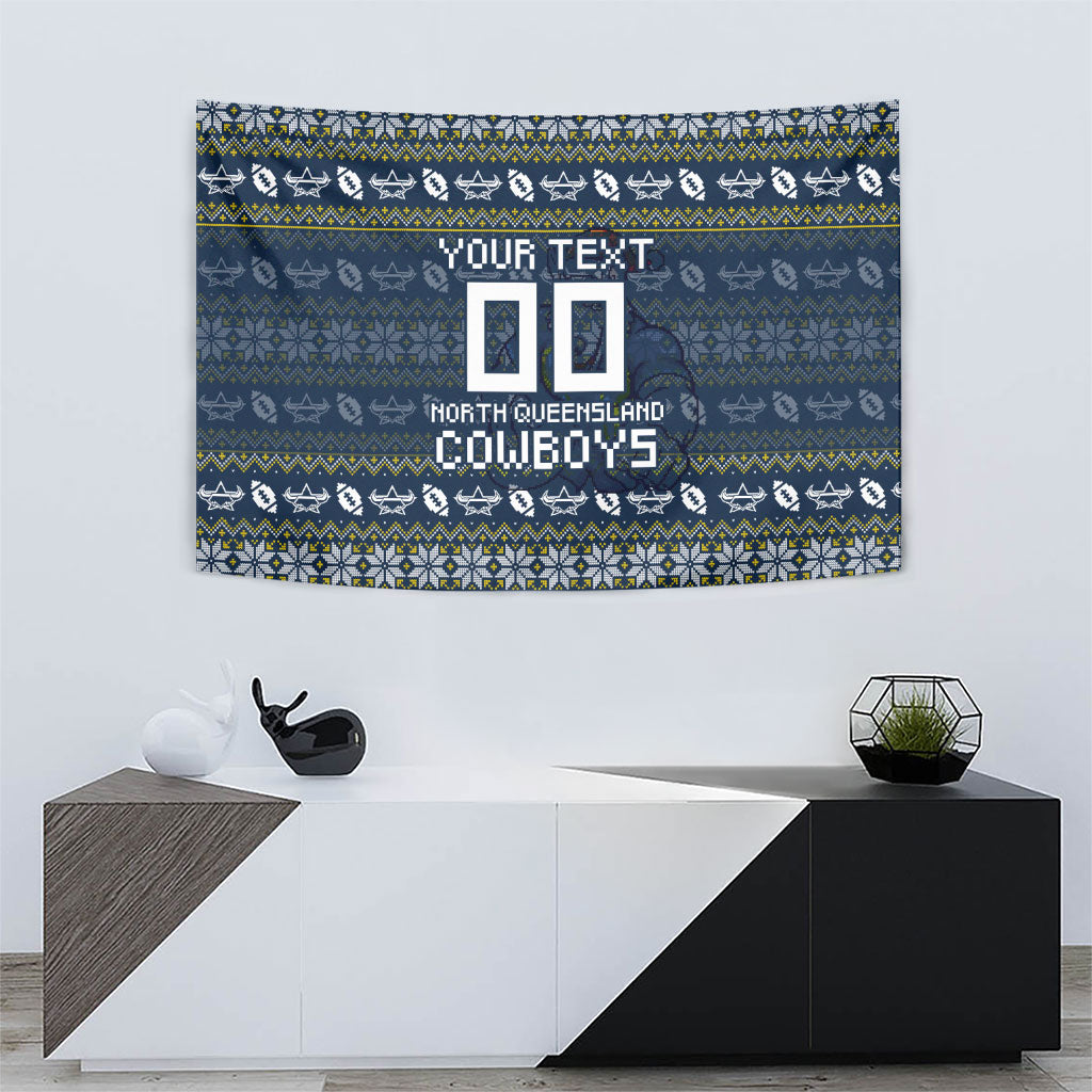 Personalized Cowboys Christmas Tapestry Australian Rugby Fans - Pixelated Ugly Xmas Pattern Mascot Santa