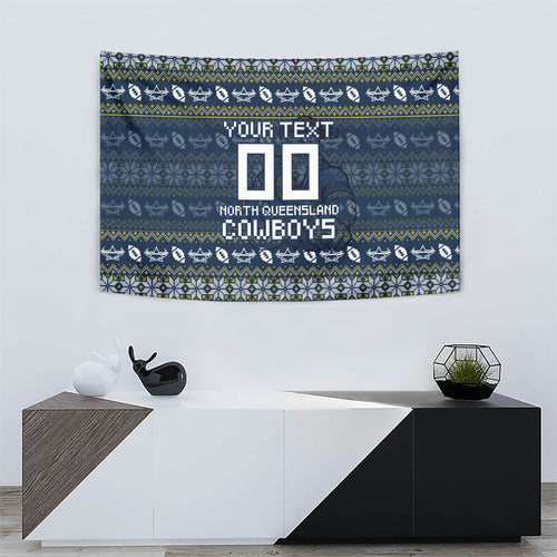 Personalized Cowboys Christmas Tapestry Australian Rugby Fans - Pixelated Ugly Xmas Pattern Mascot Santa