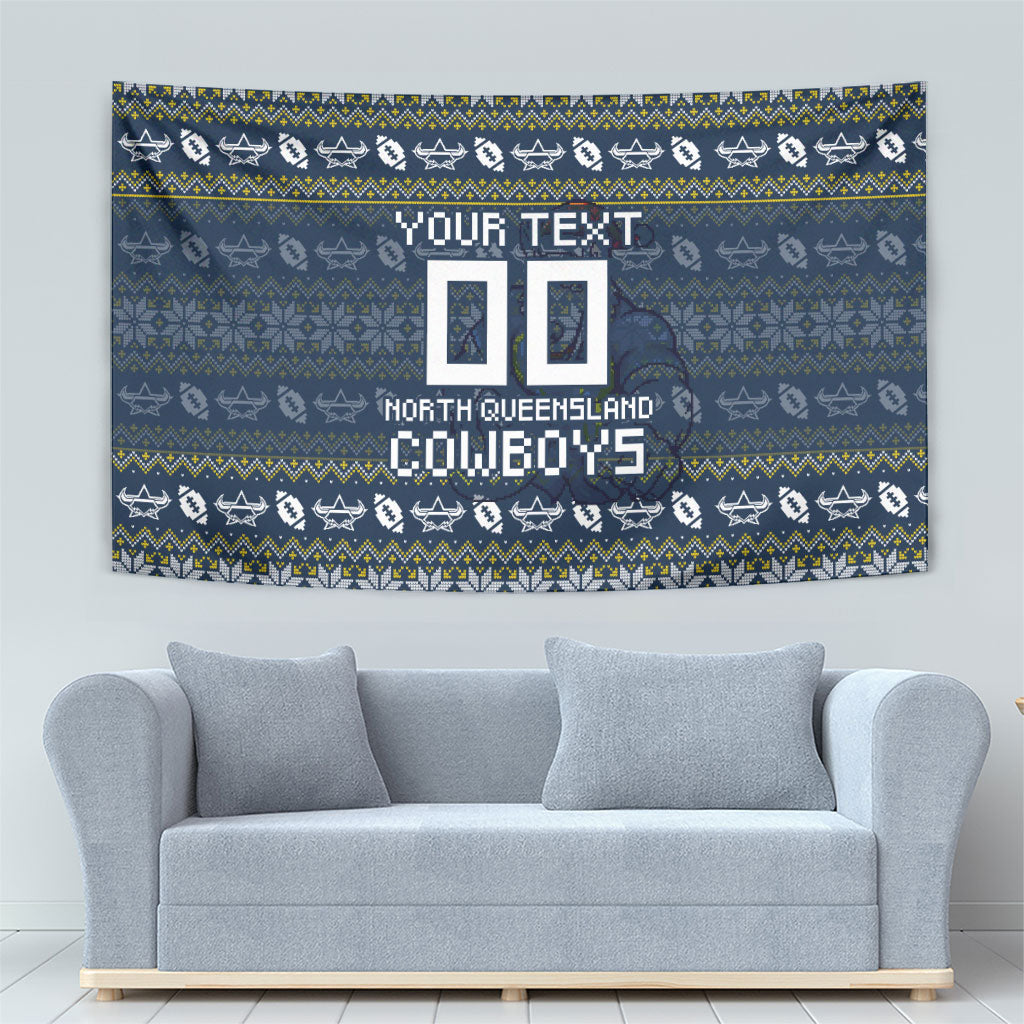 Personalized Cowboys Christmas Tapestry Australian Rugby Fans - Pixelated Ugly Xmas Pattern Mascot Santa