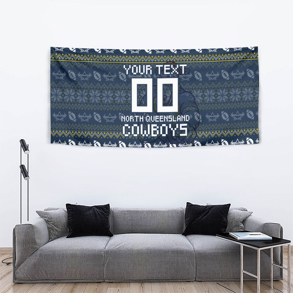 Personalized Cowboys Christmas Tapestry Australian Rugby Fans - Pixelated Ugly Xmas Pattern Mascot Santa