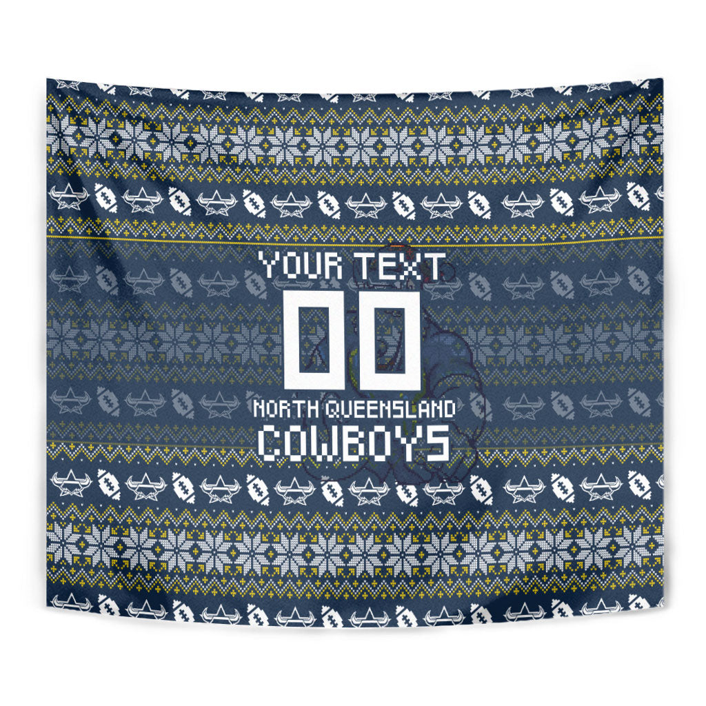 Personalized Cowboys Christmas Tapestry Australian Rugby Fans - Pixelated Ugly Xmas Pattern Mascot Santa
