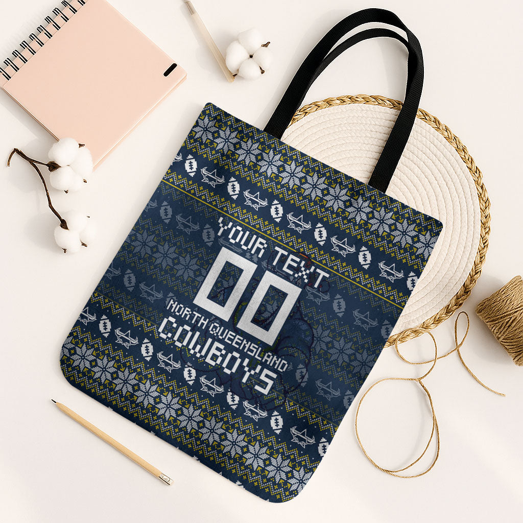 Personalized Cowboys Christmas Tote Bag Australian Rugby Fans - Pixelated Ugly Xmas Pattern Mascot Santa