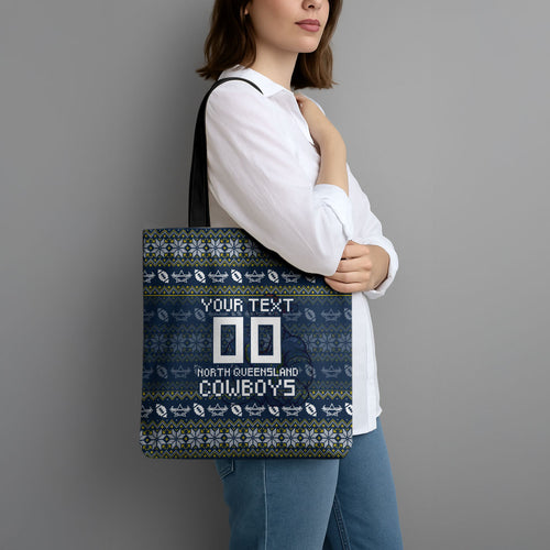 Personalized Cowboys Christmas Tote Bag Australian Rugby Fans - Pixelated Ugly Xmas Pattern Mascot Santa