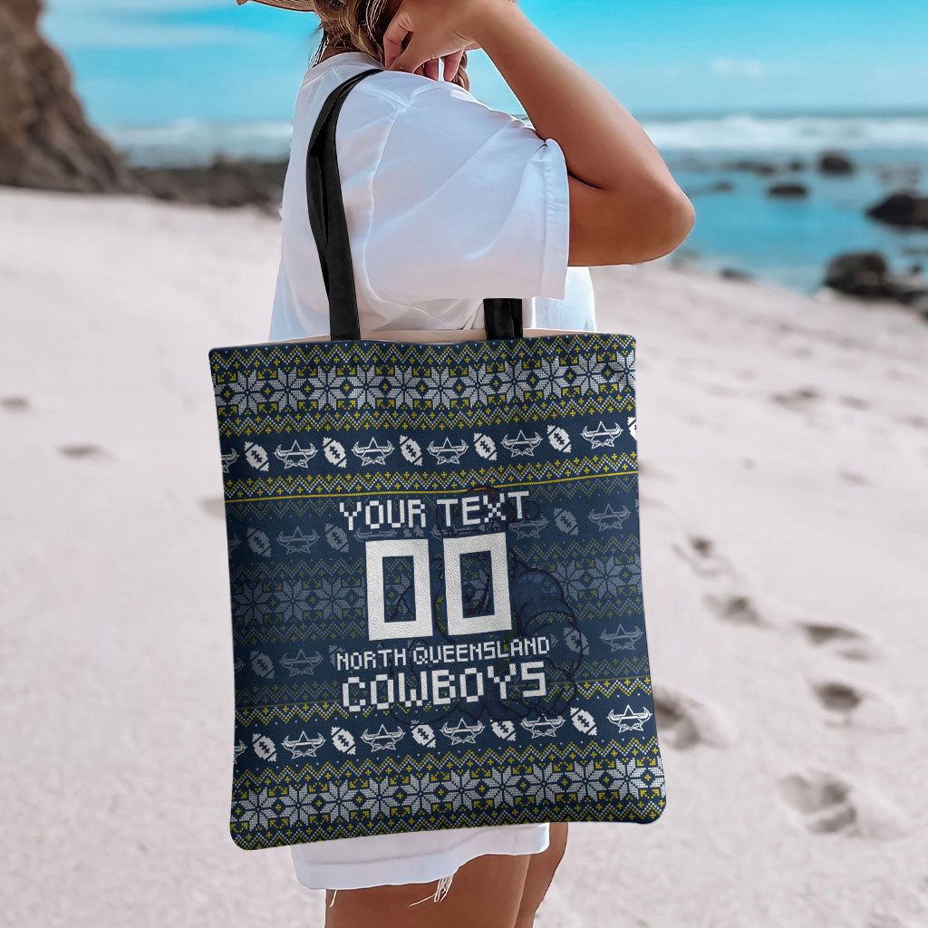 Personalized Cowboys Christmas Tote Bag Australian Rugby Fans - Pixelated Ugly Xmas Pattern Mascot Santa