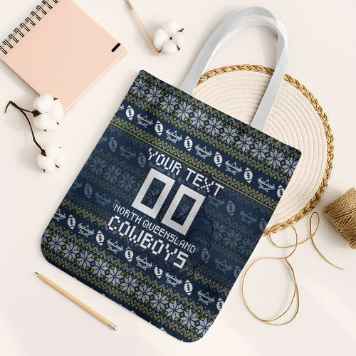 Personalized Cowboys Christmas Tote Bag Australian Rugby Fans - Pixelated Ugly Xmas Pattern Mascot Santa