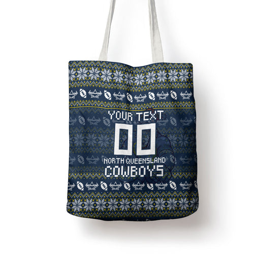 Personalized Cowboys Christmas Tote Bag Australian Rugby Fans - Pixelated Ugly Xmas Pattern Mascot Santa