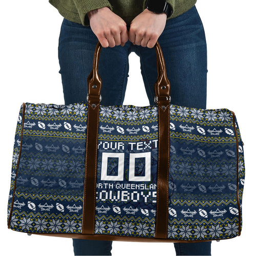 Personalized Cowboys Christmas Travel Bag Australian Rugby Fans - Pixelated Ugly Xmas Pattern Mascot Santa