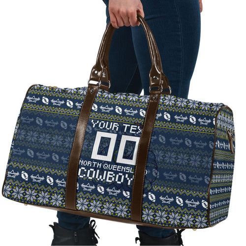 Personalized Cowboys Christmas Travel Bag Australian Rugby Fans - Pixelated Ugly Xmas Pattern Mascot Santa