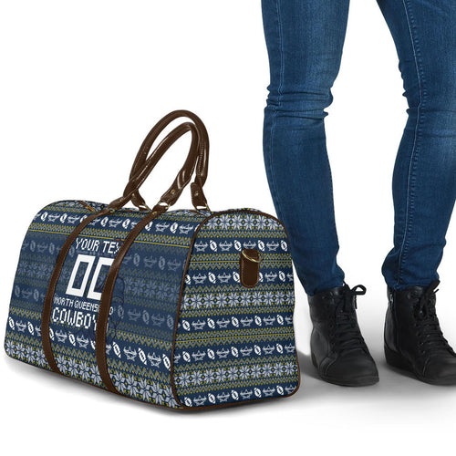 Personalized Cowboys Christmas Travel Bag Australian Rugby Fans - Pixelated Ugly Xmas Pattern Mascot Santa