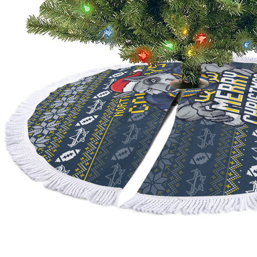 Cowboys Christmas Tree Skirt Australian Rugby Fans - Pixelated Ugly Xmas Pattern Mascot Santa