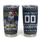 Personalized Cowboys Christmas Tumbler Cup Australian Rugby Fans - Pixelated Ugly Xmas Pattern Mascot Santa
