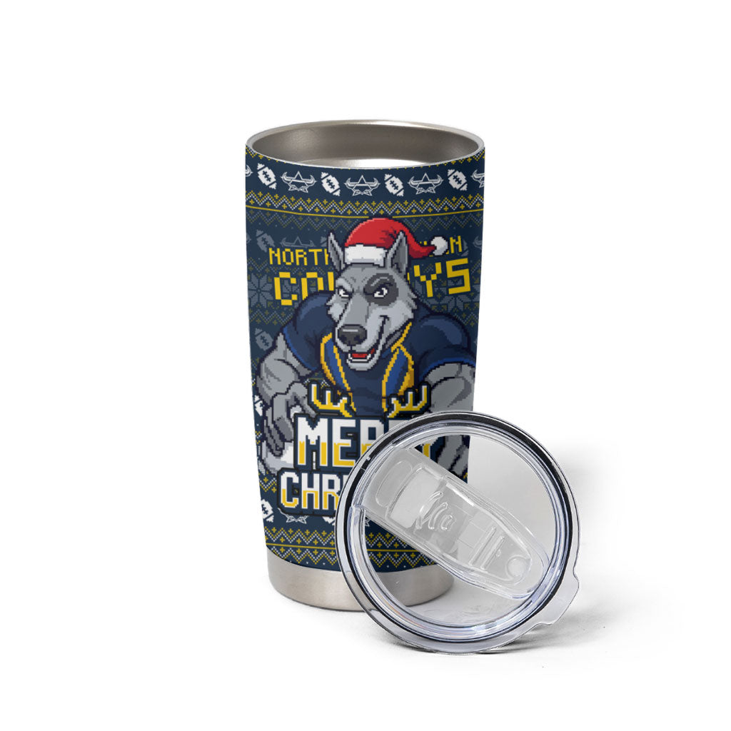 Personalized Cowboys Christmas Tumbler Cup Australian Rugby Fans - Pixelated Ugly Xmas Pattern Mascot Santa