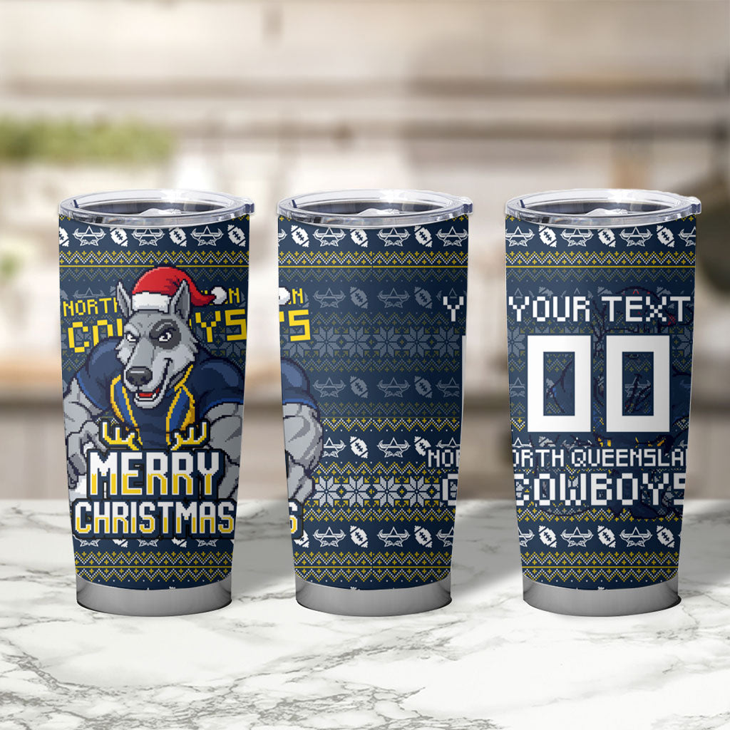 Personalized Cowboys Christmas Tumbler Cup Australian Rugby Fans - Pixelated Ugly Xmas Pattern Mascot Santa