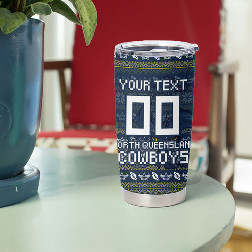 Personalized Cowboys Christmas Tumbler Cup Australian Rugby Fans - Pixelated Ugly Xmas Pattern Mascot Santa