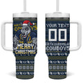Personalized Cowboys Christmas Tumbler With Handle Australian Rugby Fans - Pixelated Ugly Xmas Pattern Mascot Santa