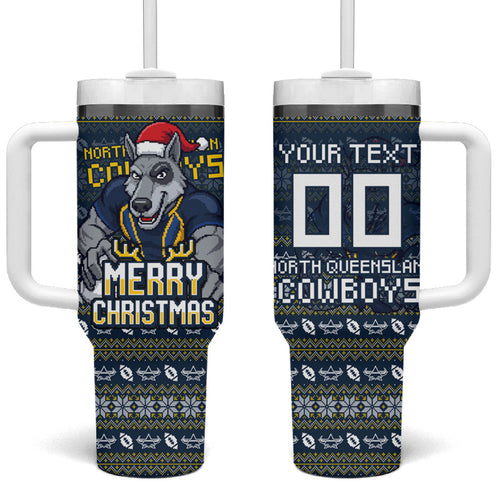 Personalized Cowboys Christmas Tumbler With Handle Australian Rugby Fans - Pixelated Ugly Xmas Pattern Mascot Santa
