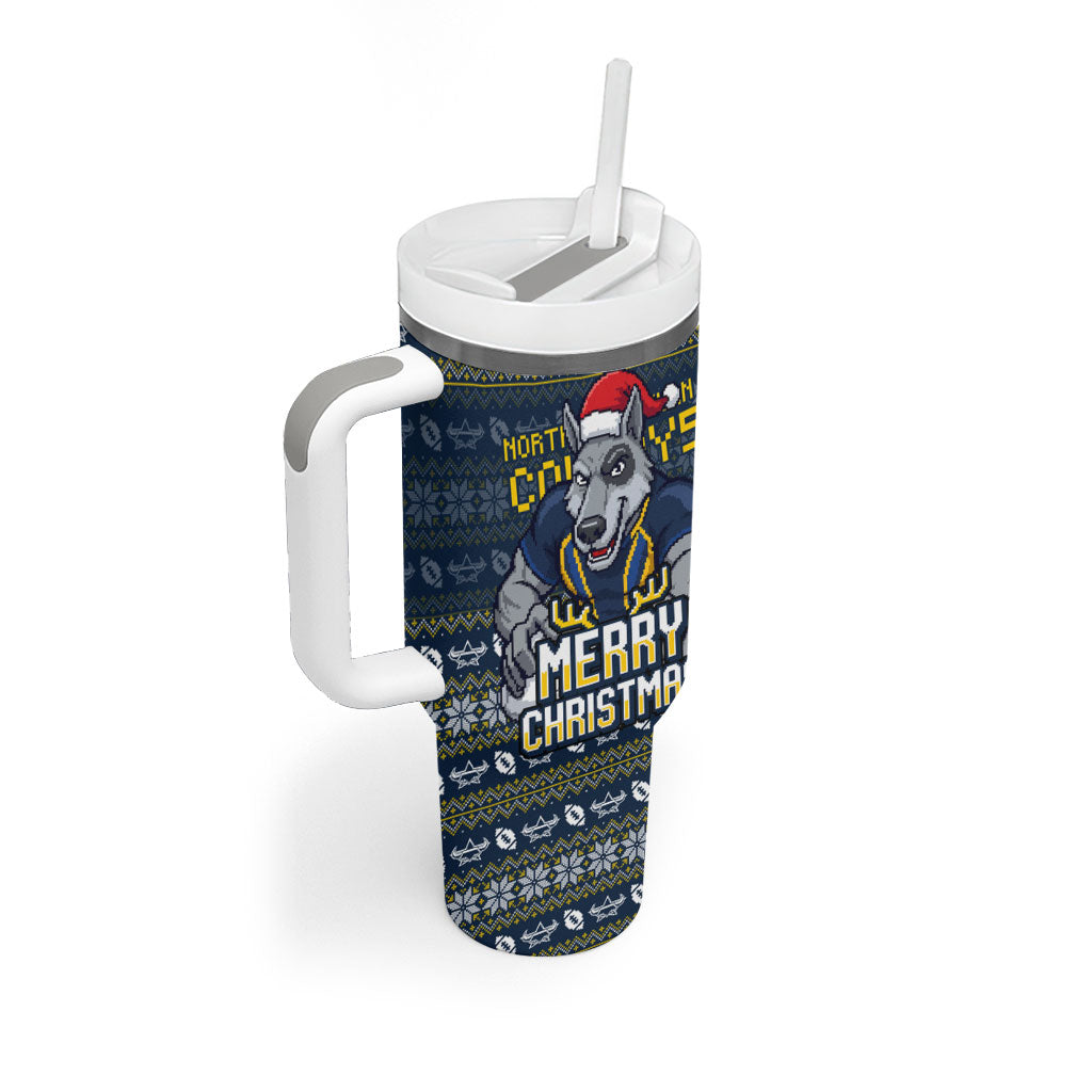 Personalized Cowboys Christmas Tumbler With Handle Australian Rugby Fans - Pixelated Ugly Xmas Pattern Mascot Santa