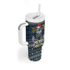 Personalized Cowboys Christmas Tumbler With Handle Australian Rugby Fans - Pixelated Ugly Xmas Pattern Mascot Santa