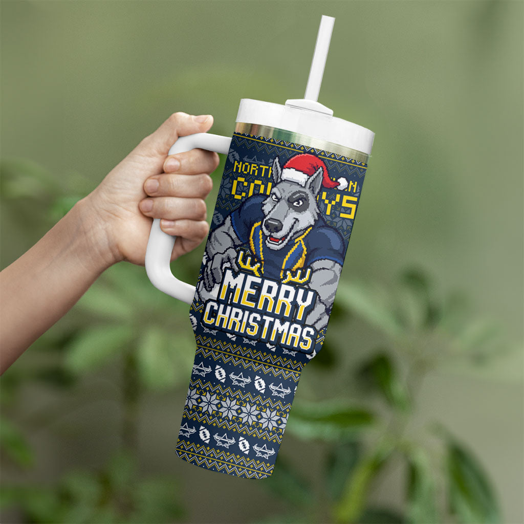 Personalized Cowboys Christmas Tumbler With Handle Australian Rugby Fans - Pixelated Ugly Xmas Pattern Mascot Santa