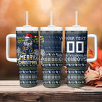 Personalized Cowboys Christmas Tumbler With Handle Australian Rugby Fans - Pixelated Ugly Xmas Pattern Mascot Santa