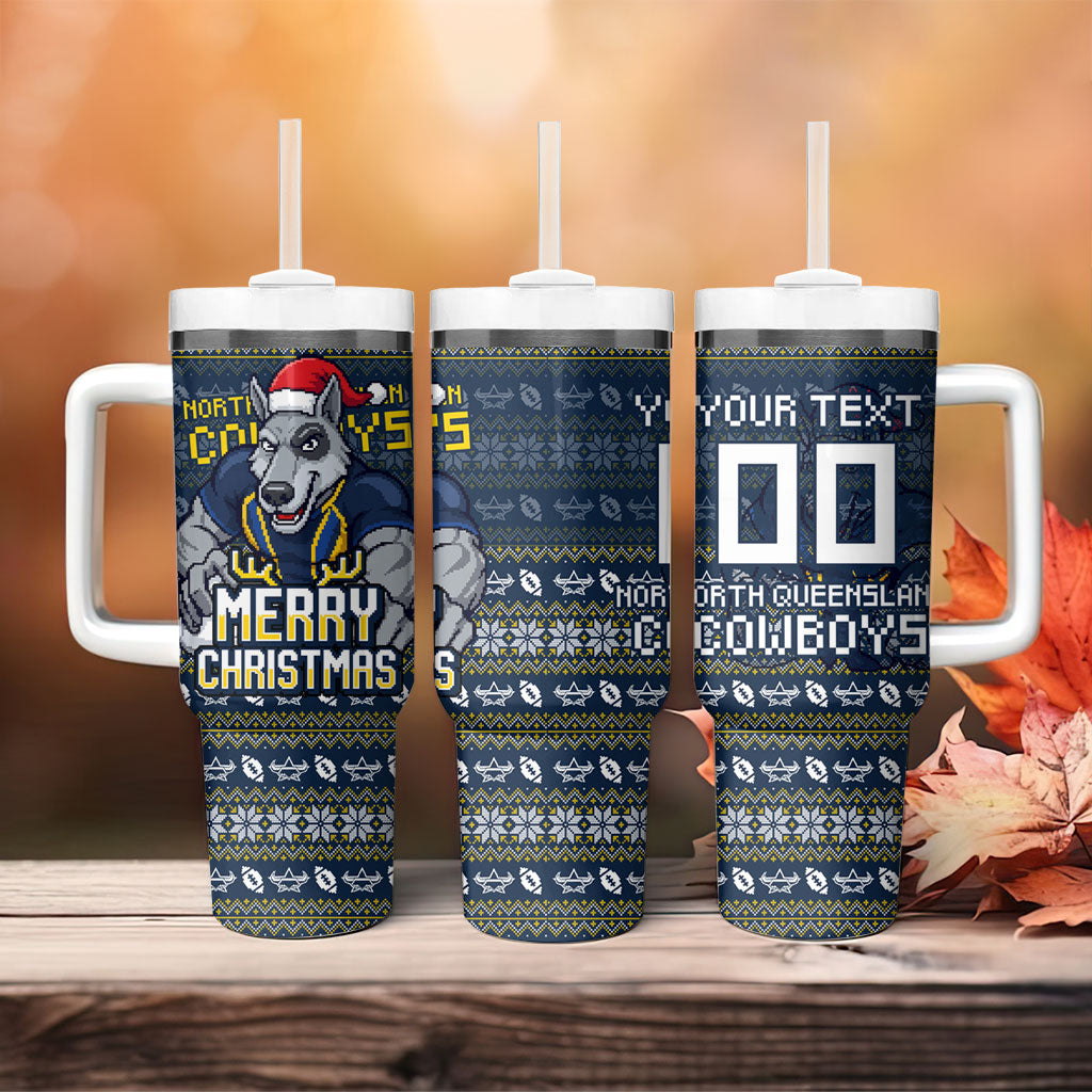 Personalized Cowboys Christmas Tumbler With Handle Australian Rugby Fans - Pixelated Ugly Xmas Pattern Mascot Santa