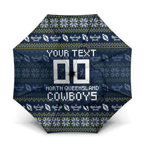 Personalized Cowboys Christmas Umbrella Australian Rugby Fans - Pixelated Ugly Xmas Pattern Mascot Santa