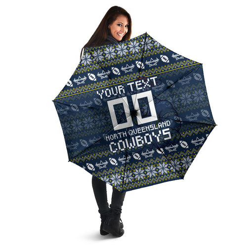 Personalized Cowboys Christmas Umbrella Australian Rugby Fans - Pixelated Ugly Xmas Pattern Mascot Santa