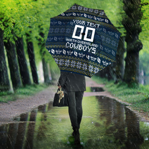 Personalized Cowboys Christmas Umbrella Australian Rugby Fans - Pixelated Ugly Xmas Pattern Mascot Santa