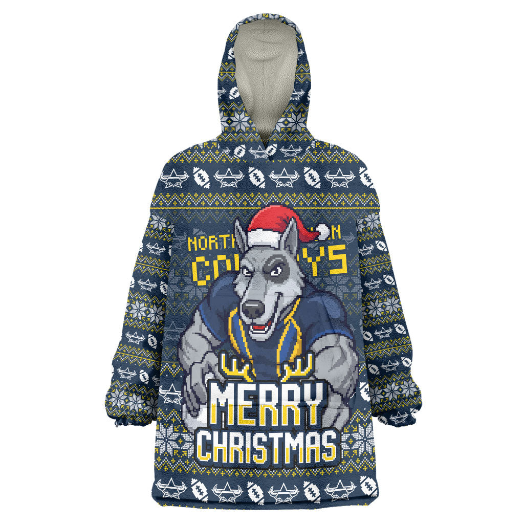 Personalized Cowboys Christmas Wearable Blanket Hoodie Australian Rugby Fans - Pixelated Ugly Xmas Pattern Mascot Santa