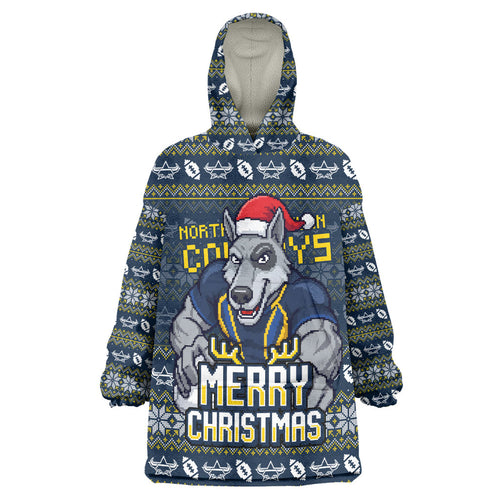 Personalized Cowboys Christmas Wearable Blanket Hoodie Australian Rugby Fans - Pixelated Ugly Xmas Pattern Mascot Santa