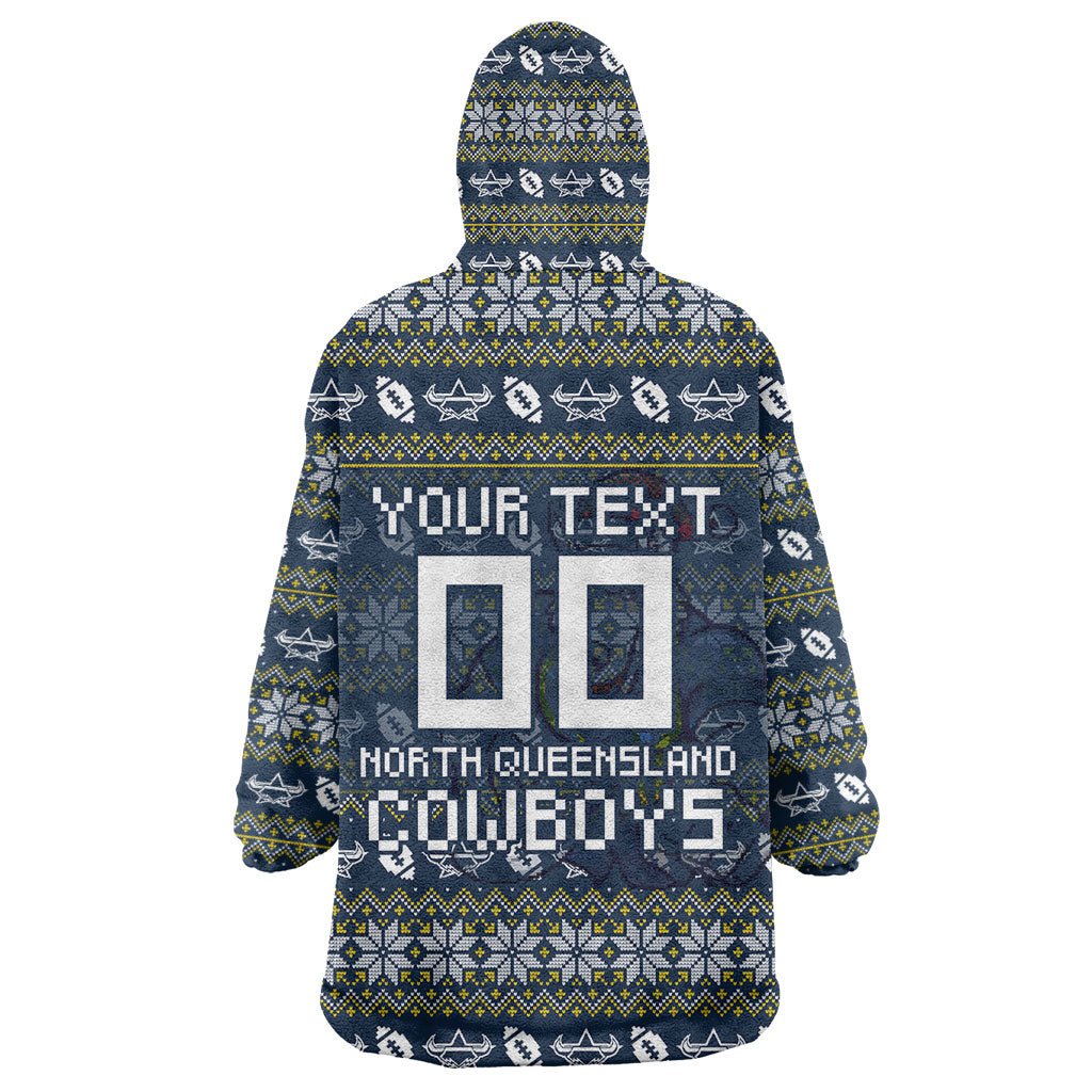 Personalized Cowboys Christmas Wearable Blanket Hoodie Australian Rugby Fans - Pixelated Ugly Xmas Pattern Mascot Santa