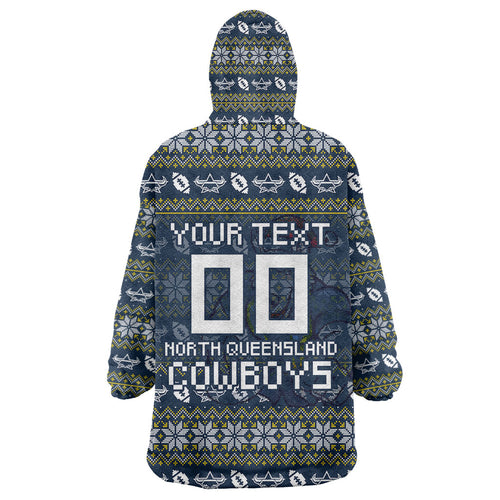 Personalized Cowboys Christmas Wearable Blanket Hoodie Australian Rugby Fans - Pixelated Ugly Xmas Pattern Mascot Santa