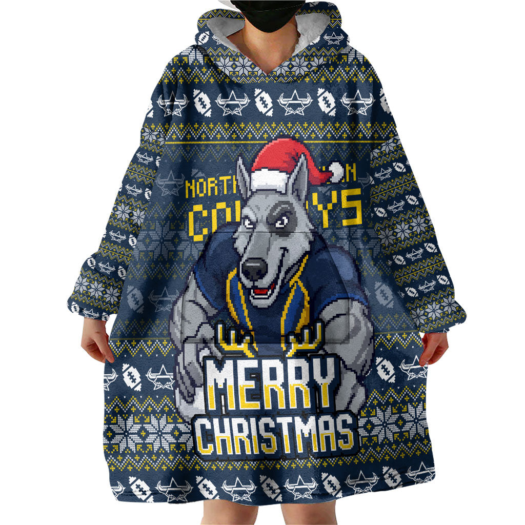 Personalized Cowboys Christmas Wearable Blanket Hoodie Australian Rugby Fans - Pixelated Ugly Xmas Pattern Mascot Santa