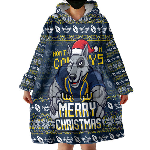 Personalized Cowboys Christmas Wearable Blanket Hoodie Australian Rugby Fans - Pixelated Ugly Xmas Pattern Mascot Santa