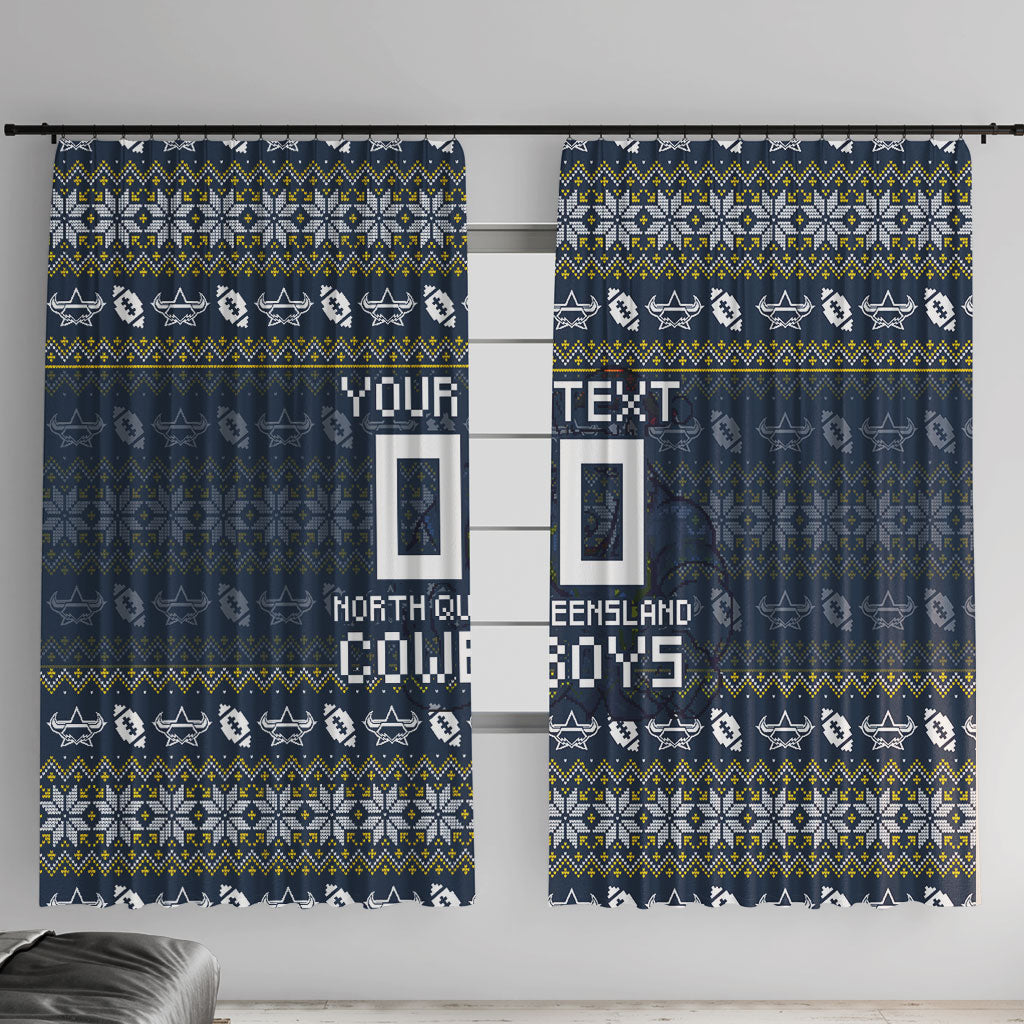 Personalized Cowboys Christmas Window Curtain Australian Rugby Fans - Pixelated Ugly Xmas Pattern Mascot Santa