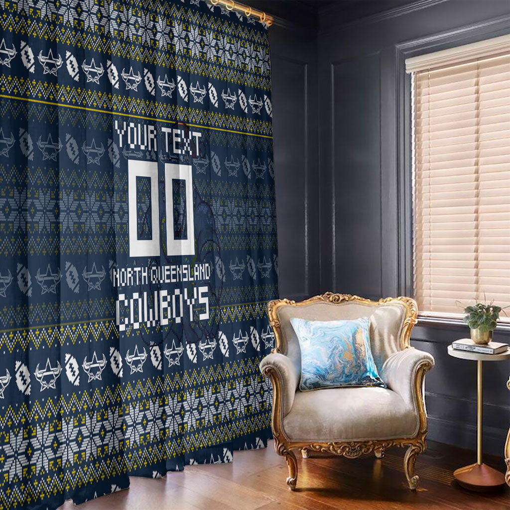 Personalized Cowboys Christmas Window Curtain Australian Rugby Fans - Pixelated Ugly Xmas Pattern Mascot Santa