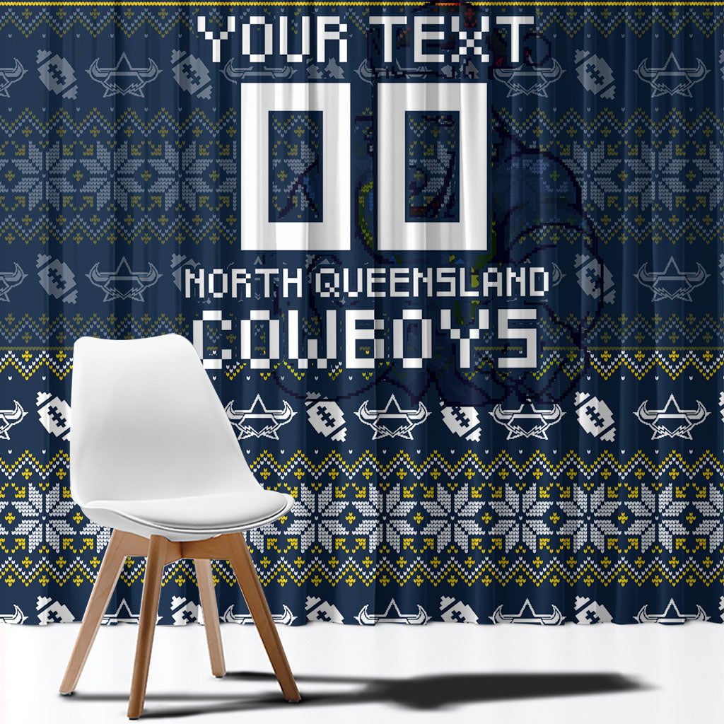 Personalized Cowboys Christmas Window Curtain Australian Rugby Fans - Pixelated Ugly Xmas Pattern Mascot Santa