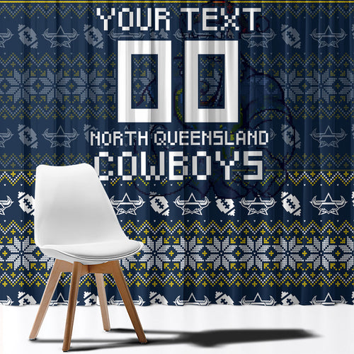 Personalized Cowboys Christmas Window Curtain Australian Rugby Fans - Pixelated Ugly Xmas Pattern Mascot Santa