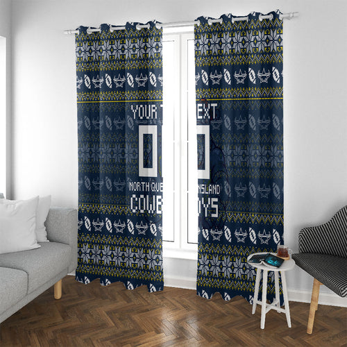 Personalized Cowboys Christmas Window Curtain Australian Rugby Fans - Pixelated Ugly Xmas Pattern Mascot Santa
