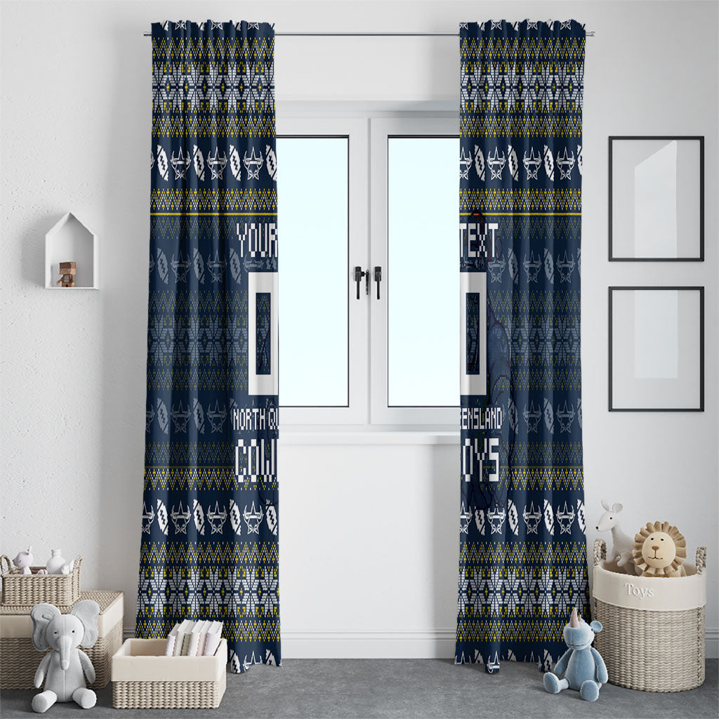 Personalized Cowboys Christmas Window Curtain Australian Rugby Fans - Pixelated Ugly Xmas Pattern Mascot Santa