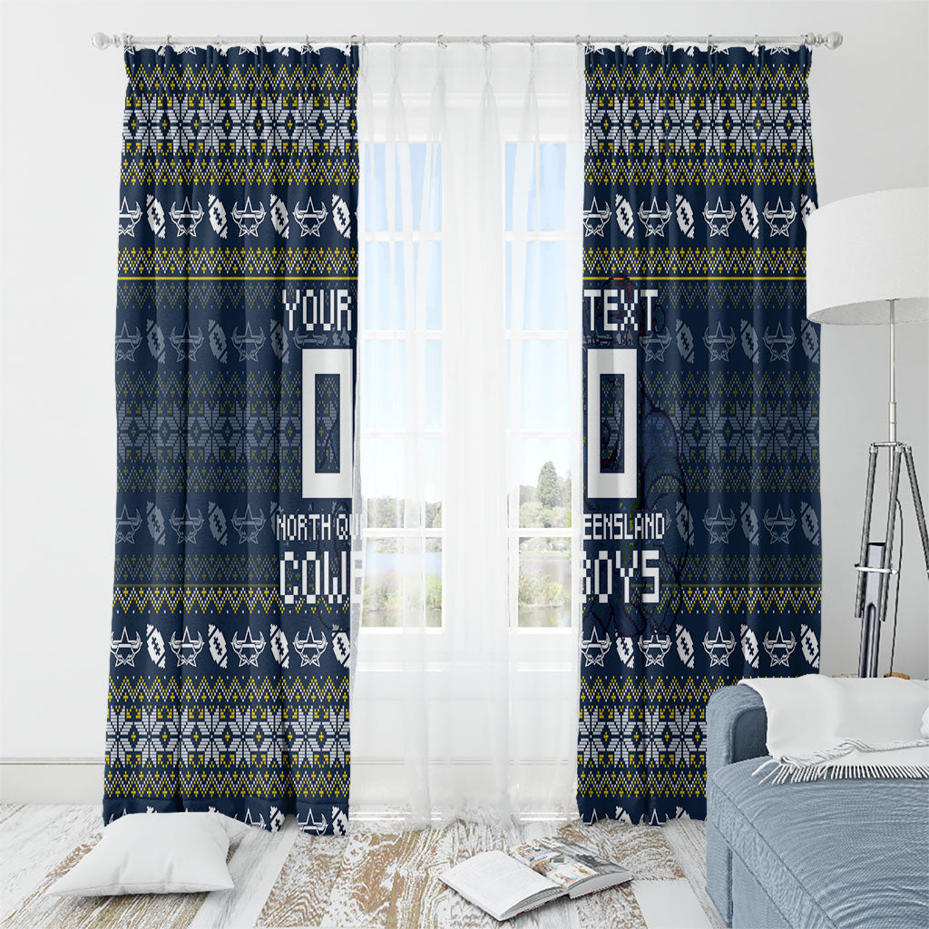 Personalized Cowboys Christmas Window Curtain Australian Rugby Fans - Pixelated Ugly Xmas Pattern Mascot Santa