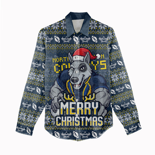 Personalized Cowboys Christmas Women Casual Shirt Australian Rugby Fans - Pixelated Ugly Xmas Pattern Mascot Santa