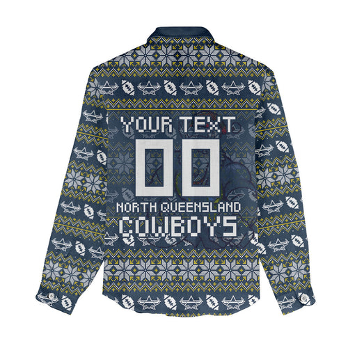 Personalized Cowboys Christmas Women Casual Shirt Australian Rugby Fans - Pixelated Ugly Xmas Pattern Mascot Santa