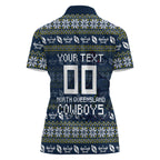 Personalized Cowboys Christmas Women Polo Shirt Australian Rugby Fans - Pixelated Ugly Xmas Pattern Mascot Santa