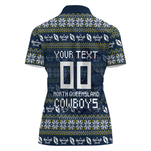 Personalized Cowboys Christmas Women Polo Shirt Australian Rugby Fans - Pixelated Ugly Xmas Pattern Mascot Santa