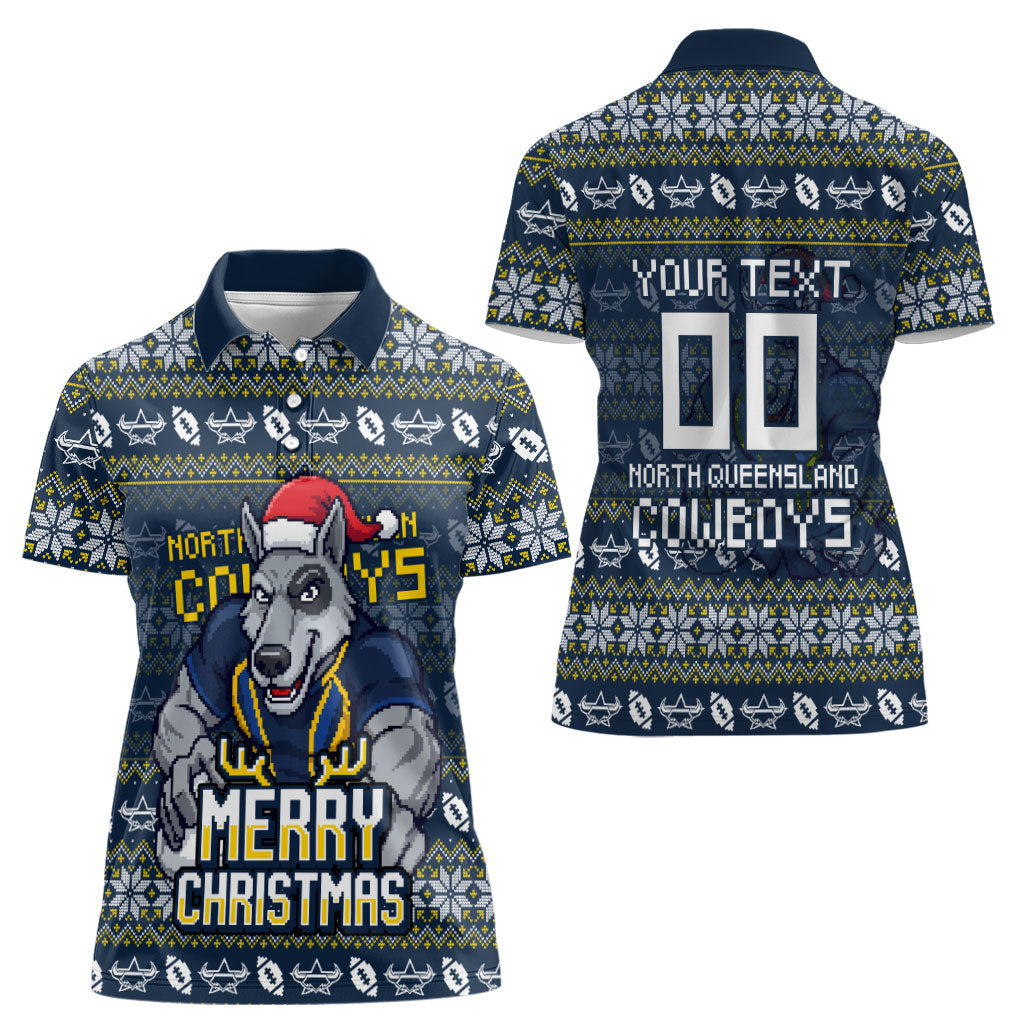Personalized Cowboys Christmas Women Polo Shirt Australian Rugby Fans - Pixelated Ugly Xmas Pattern Mascot Santa