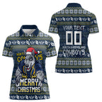 Personalized Cowboys Christmas Women Polo Shirt Australian Rugby Fans - Pixelated Ugly Xmas Pattern Mascot Santa