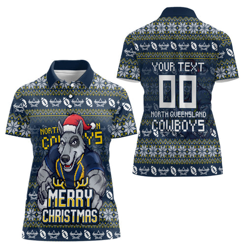 Personalized Cowboys Christmas Women Polo Shirt Australian Rugby Fans - Pixelated Ugly Xmas Pattern Mascot Santa